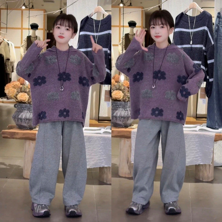 2025新款秋冬儿童紫色花朵卫衣宽松百搭男女童时尚休闲上衣潮