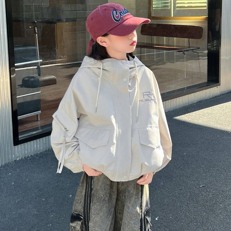 沐汐家 2026新款春秋米色连帽外套男女童时尚休闲防风上衣百搭潮