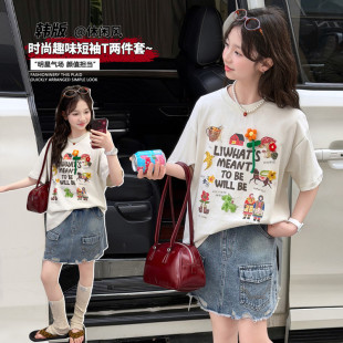 沐汐家 2026新款夏季时尚卡通印花女童杏色上衣牛仔裙潮