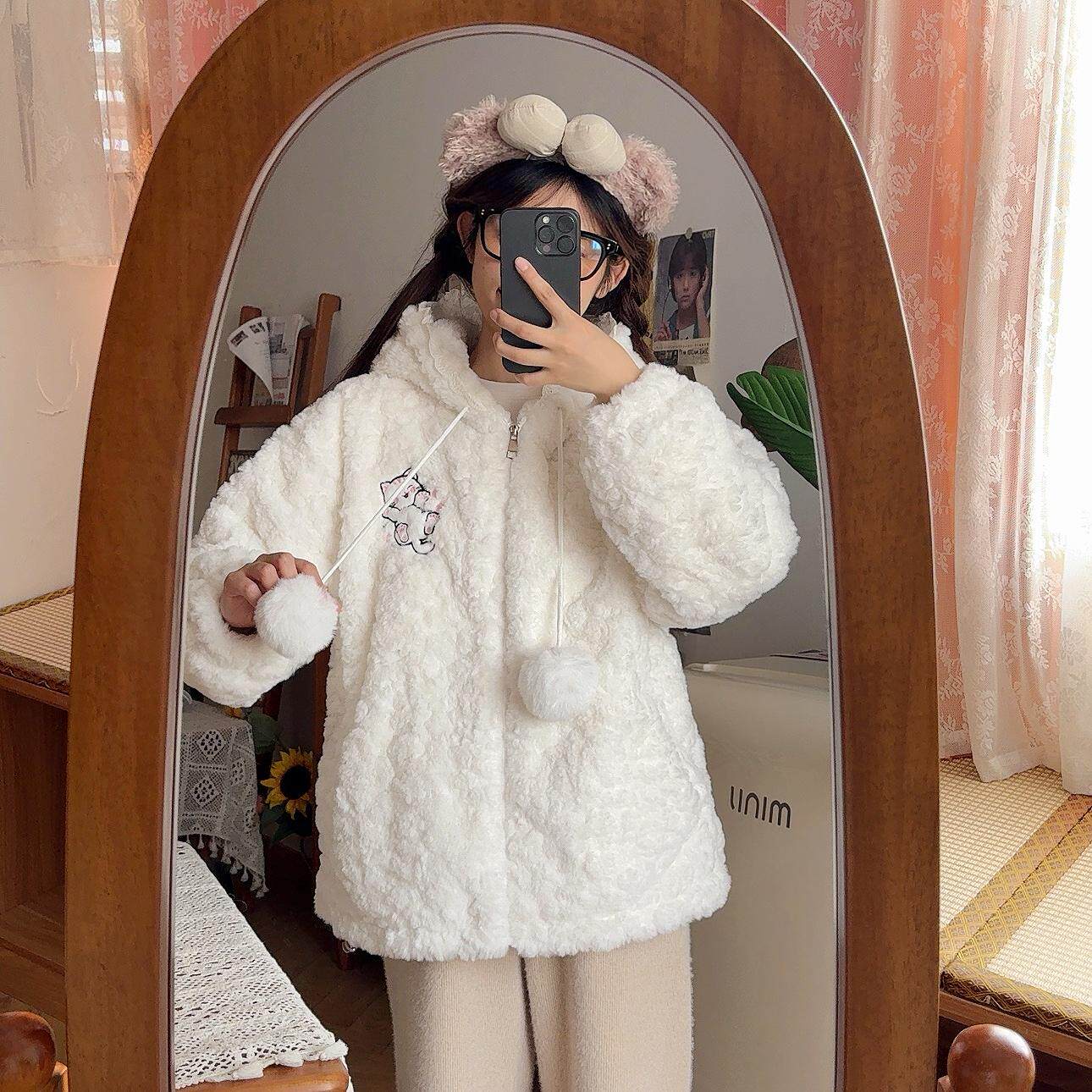 可爱猫咪羊羔毛外套女秋冬季宽松慵懒风加绒加厚棉衣棉服毛绒外套