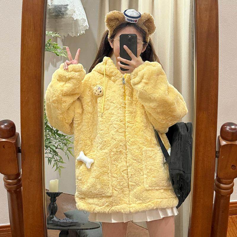 宽松可爱黄色毛绒外套日系连帽加绒加厚软妹棉服女慵懒风冬毛茸茸