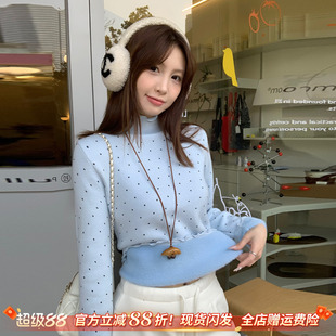 龙妹蓝色波点半高领加绒打底衫女内搭毛衣2026冬新款加厚针织上衣