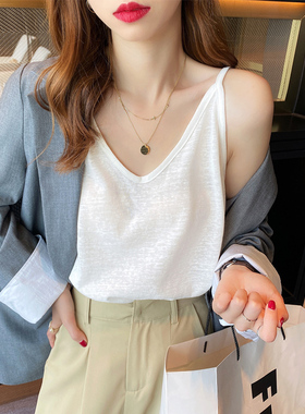 白色V领吊带女内搭2026春夏新款宽松遮肚棉麻上衣打底外穿小背心
