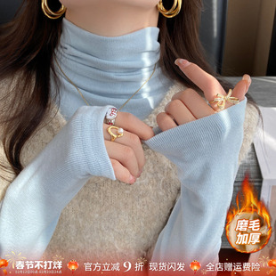 蓝色高领加绒白色打底衫女内搭2025秋冬新款高级感堆堆领长袖上衣