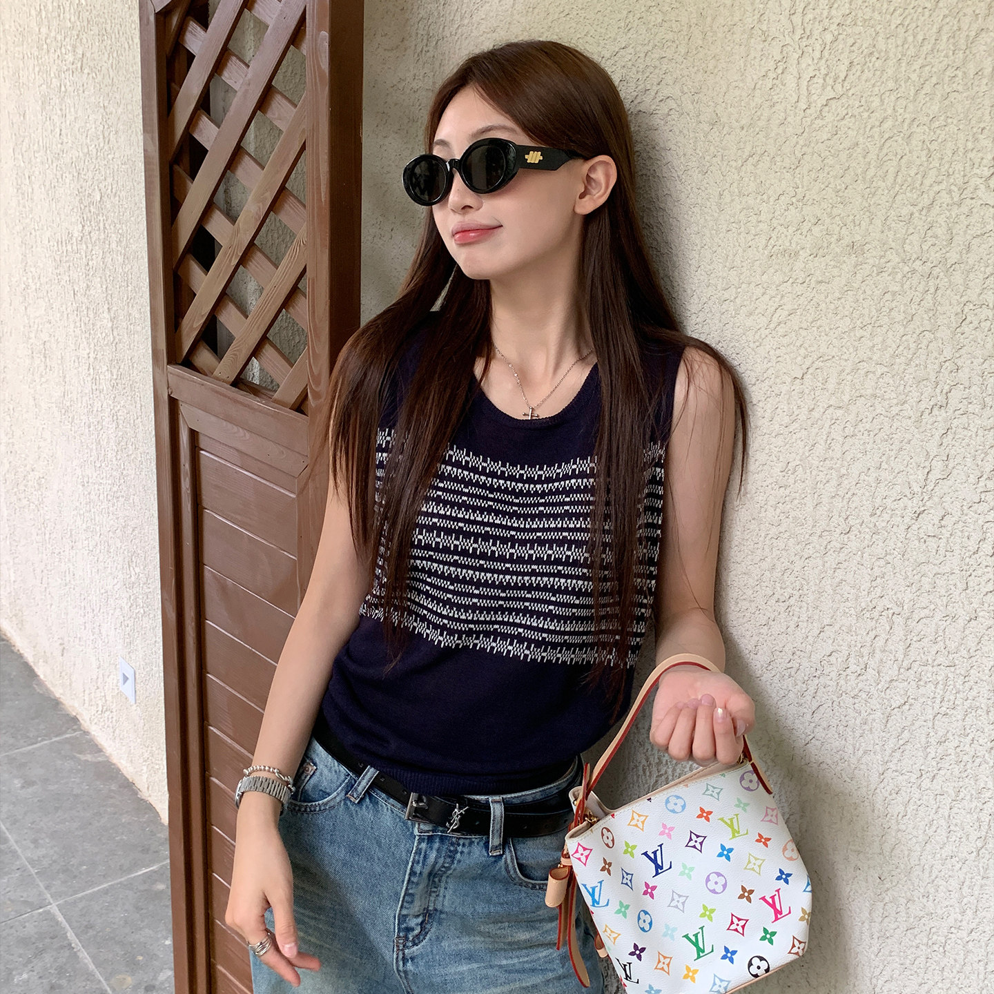龙妹藏蓝色条纹针织亚麻吊带背心女夏外穿2026新款莱赛尔无袖上衣