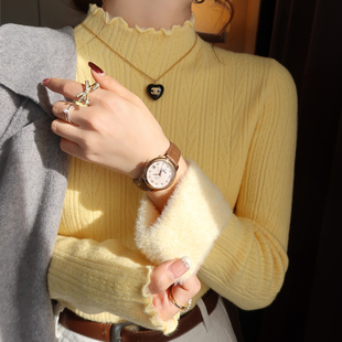 黄色加绒加厚毛衣女秋冬内搭2025新款保暖木耳边上衣半高领打底衫