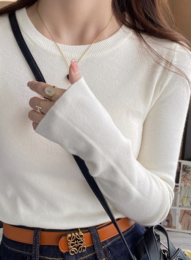 白色圆领小香风针织打底衫女内搭2025秋冬季新款修身毛衣长袖上衣