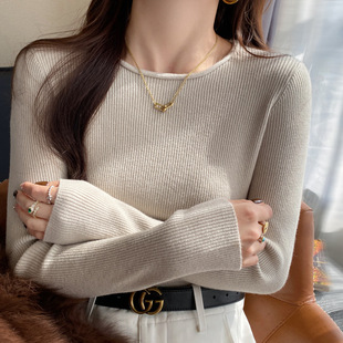 龙妹家杏色低圆领打底衫 秋冬韩系穿搭针织上衣 毛衣女内搭2025新款