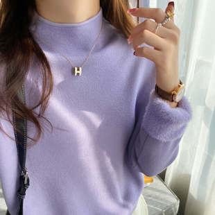 紫色加绒加厚毛衣女秋冬季内搭2025新款半高领针织打底衫保暖上衣