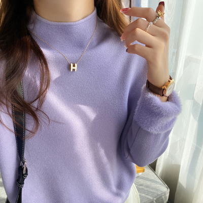 长袖加绒纯色半高领针织衫女