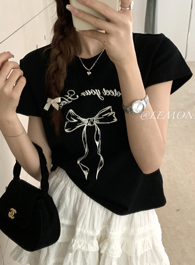小众短袖T恤女2026春夏新款小个子蝴蝶结正肩黑色短款漂亮灰上衣