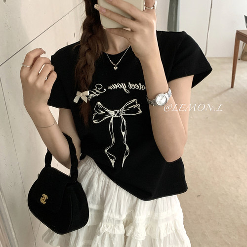 小众蝴蝶结正肩印花短袖T恤女