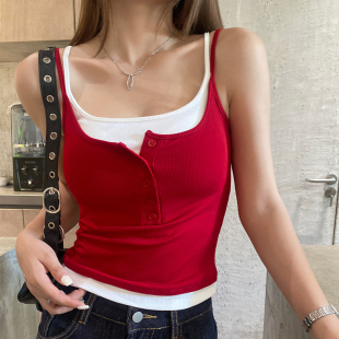 龙妹假两件红色吊带带胸垫背心女内搭春夏新款 小上衣 外穿打底无袖