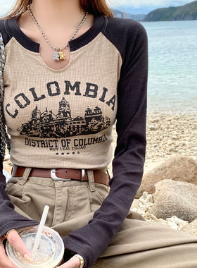 bm修身长袖T恤女早秋2025年新款V领内搭打底衫美式复古短款上衣