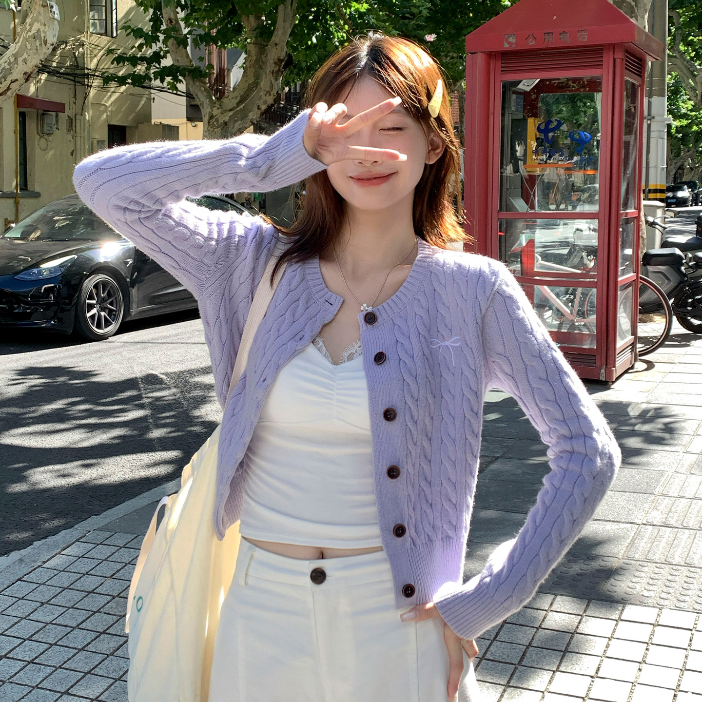 龙妹家紫色圆领针织开衫外套女外穿毛衣2026春新款打底衫内搭上衣