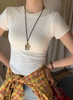 白色圆领正肩短袖T恤女修身上衣