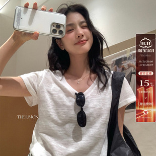 龙妹白色正肩V领棉麻短袖T恤女内搭2026早秋新款宽松好看显瘦上衣