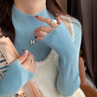蓝色半高领针织衫女秋冬内搭2025新款中领毛衣修身高级感打底上衣