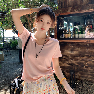 夏季甜美粉色正肩短袖T恤女上衣
