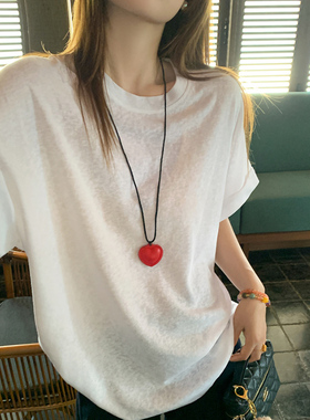 龙妹家白色冰丝棉麻短袖T恤女2026春夏新款薄款大码宽松显瘦上衣