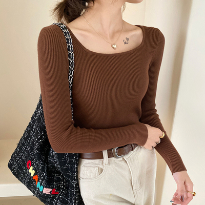 休闲百搭纯色方领针织衫女