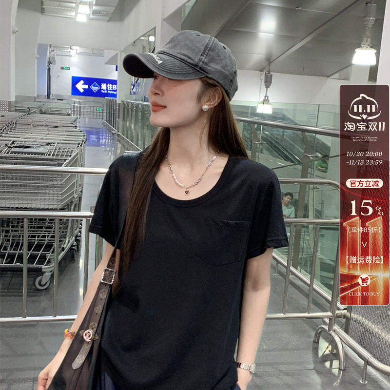龙妹黑色圆领冰丝棉麻短袖上衣女2026夏秋新款慵懒松弛感宽松T恤