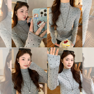龙妹半高领灰色加绒加厚打底衫女内搭2026冬新款波点长袖T恤上衣