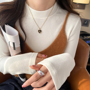 女内搭圆领长袖 磨毛加绒打底衫 T恤高级感白色上衣 新款 2025秋冬季