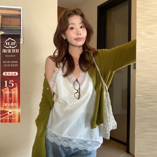 龙妹白色V领蕾丝吊带背心女内搭外穿夏秋新款叠穿宽松打底小上衣