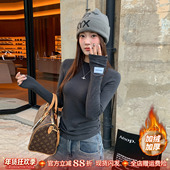 灰色加绒打底衫 上衣 T恤磨毛加厚长袖 女士保暖内搭2025冬新款 修身