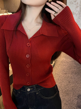 红色polo领针织衫女2025早秋新款小香风毛衣长袖打底修身翻领上衣