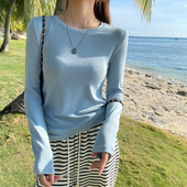女装 T恤薄款 内搭2026春装 蓝色圆领莫代尔打底衫 新款 长袖 修身 上衣
