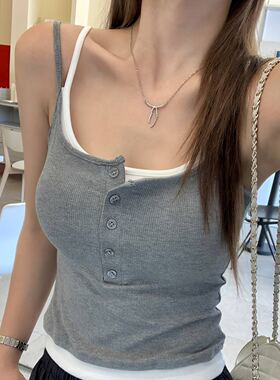 龙妹家灰色假两件吊带带胸垫背心女外穿内搭2026春夏新款打底上衣