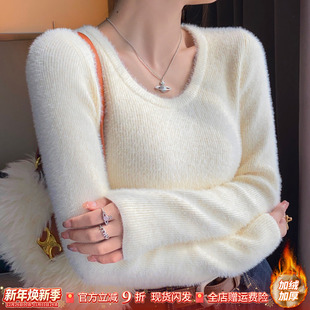 针织内搭打底上衣 白色修身 加绒加厚圆领毛衣女秋冬季 保暖2025新款