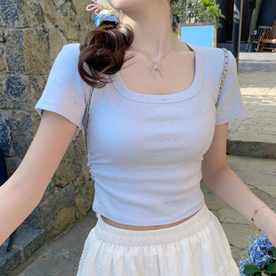 龙妹家蓝色方领正肩收腰短袖T恤女2026春夏款设计感修身短款上衣