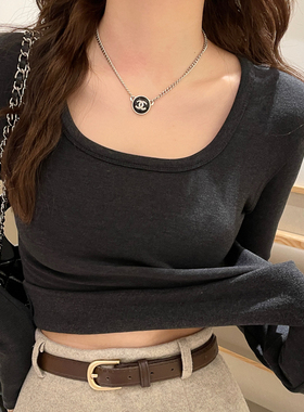 深灰色U领磨毛打底衫女内搭2026秋冬新款加绒加厚高级感黑色上衣