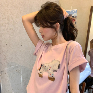 龙妹纯棉粉色印花短袖T恤女外穿内搭2026春夏新款宽松打底小上衣