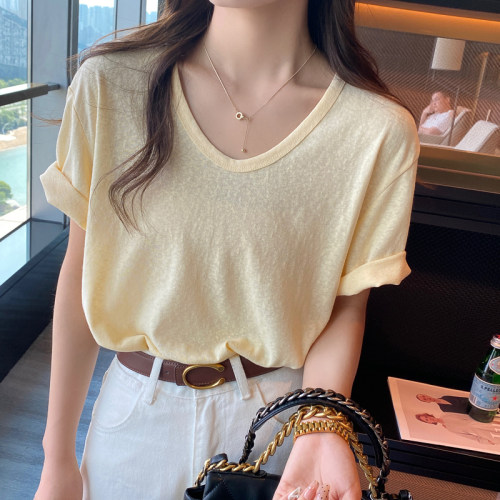 【赠运费险】休闲薄款V领棉麻T恤