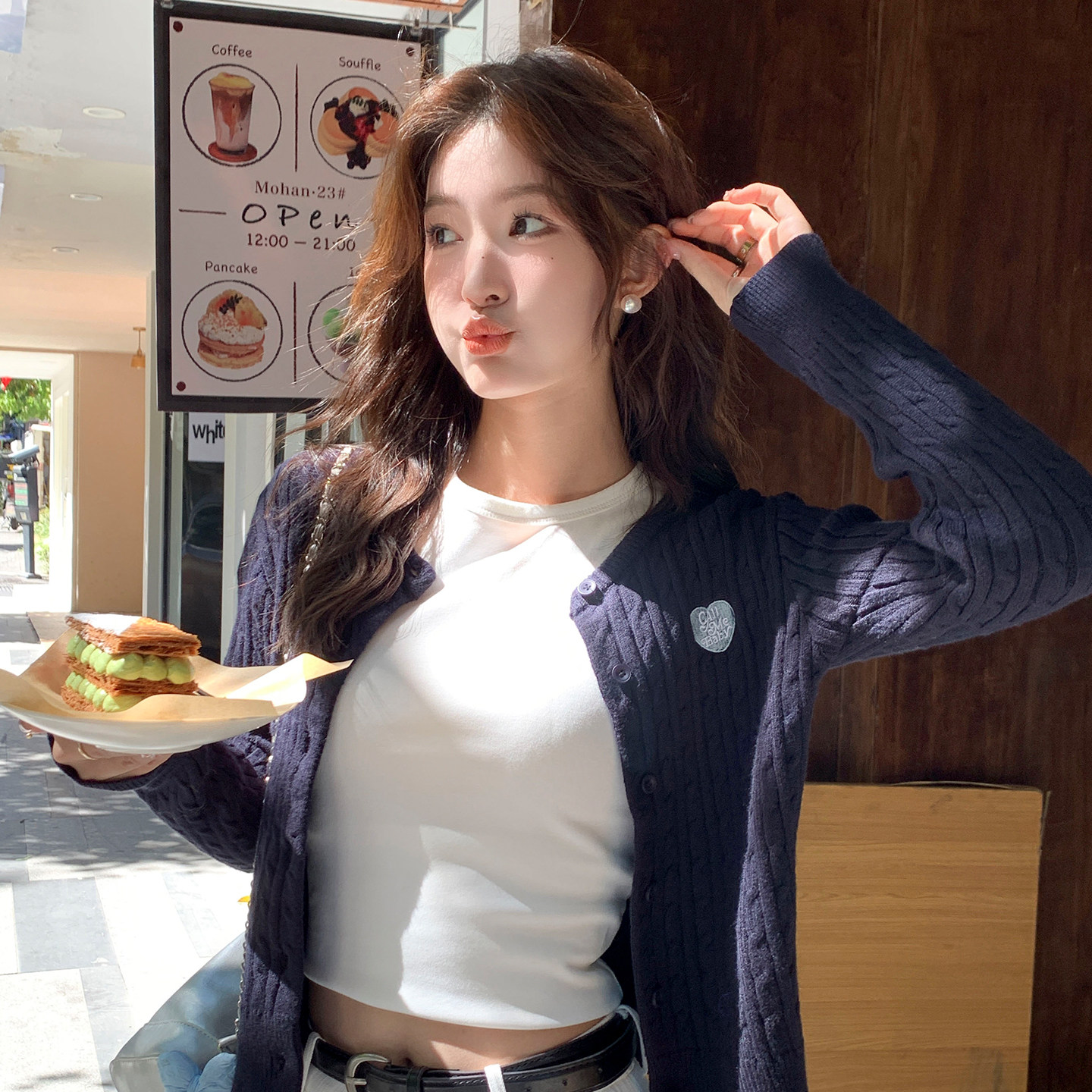 龙妹家藏青色麻花开衫外套女内搭2026新款春装可外穿打底针织上衣