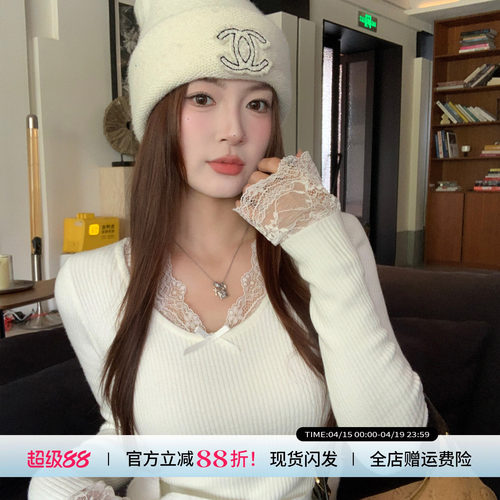 【加绒加厚打底衫】蕾丝边针织衫