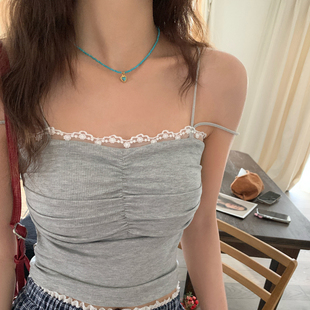 灰白色蕾丝带胸垫吊带女内搭春夏新款绝美背心打底漂亮外穿小上衣