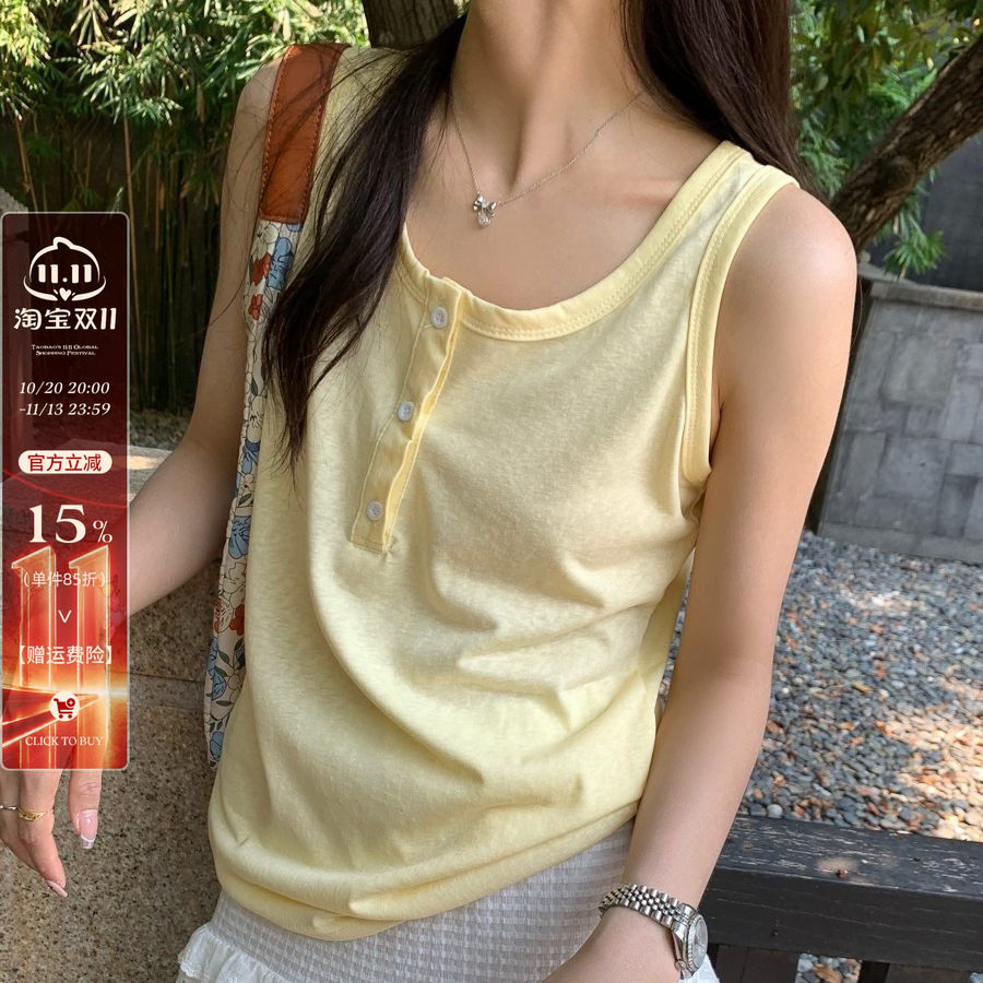 黄色棉麻吊带小背心女内搭2026夏秋新款外穿大码宽松无袖打底上衣
