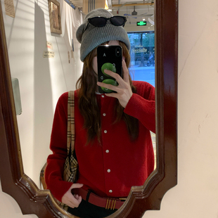 龙妹家红色毛衣开衫外套女外穿2026春季新款韩系穿搭针织上衣打底