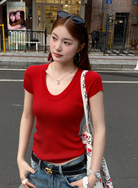 龙妹家红色羊毛针织短袖T恤女外穿内搭2026新款早春漂亮穿搭上衣