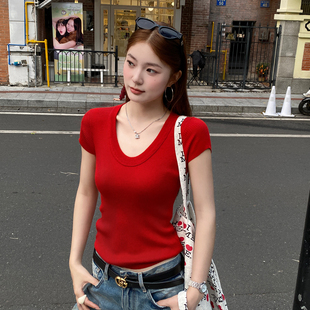龙妹家红色羊毛针织短袖T恤女外穿内搭2026新款早春漂亮穿搭上衣