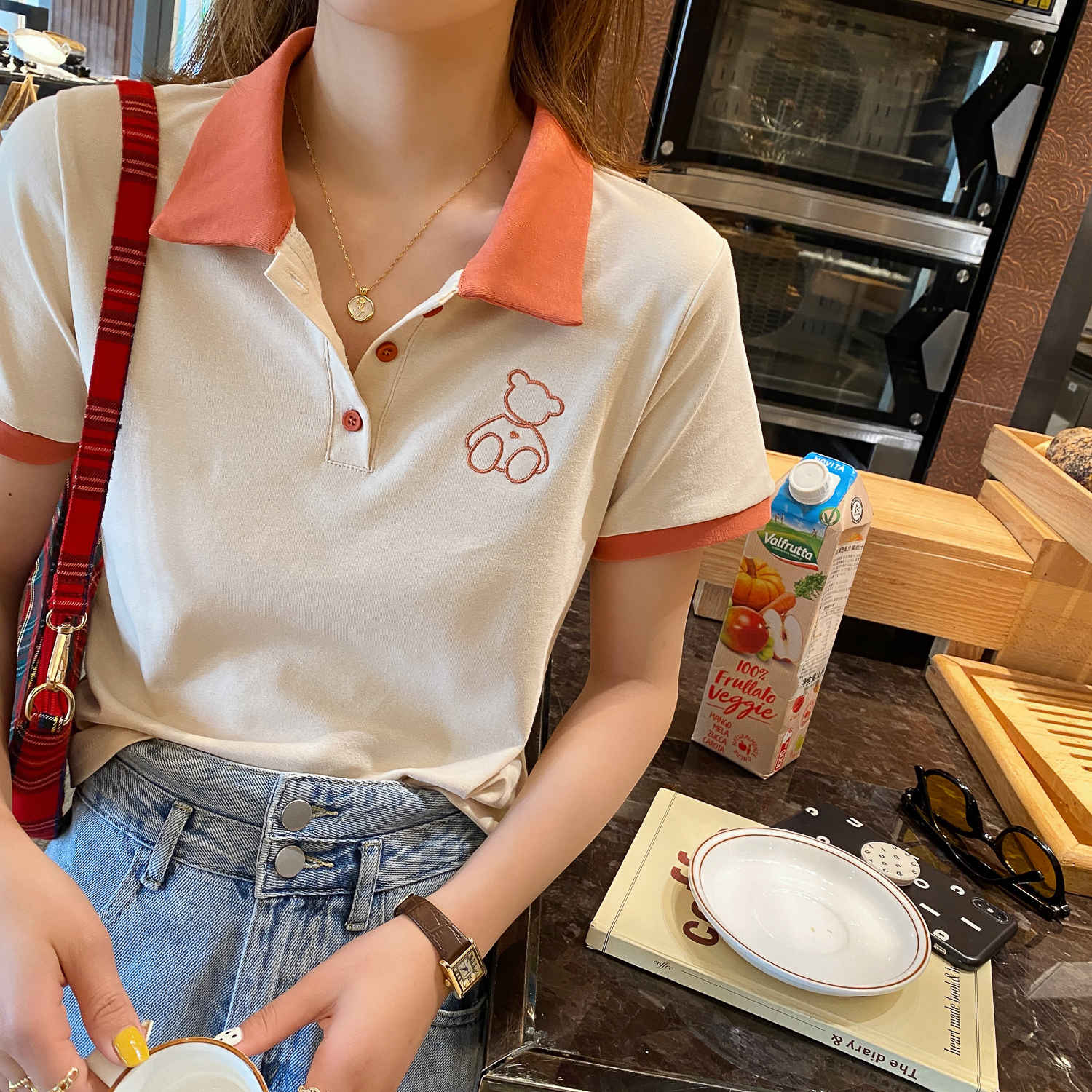polo领t恤女夏短袖2025年新款刺绣小熊体恤宽松纯棉翻领正肩上衣