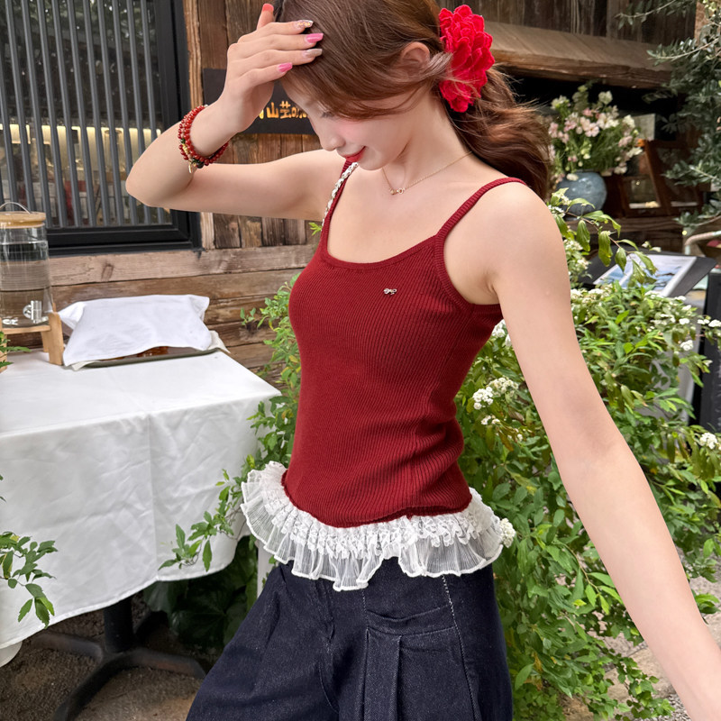龙妹家红色蕾丝花边下摆小吊带女内搭2025夏新款针织背心外穿上衣,女装/女士精品,背心吊带,淘宝优惠券,粉丝福利购,淘宝优惠卷