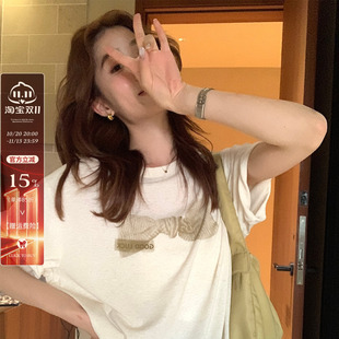 龙妹杏色圆领莱赛尔短袖T恤女2026夏新款绝美宽松设计感亚麻上衣