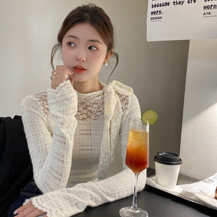 蝴蝶结小香风加绒蕾丝打底衫女白色内搭春秋季2026新款高级感上衣