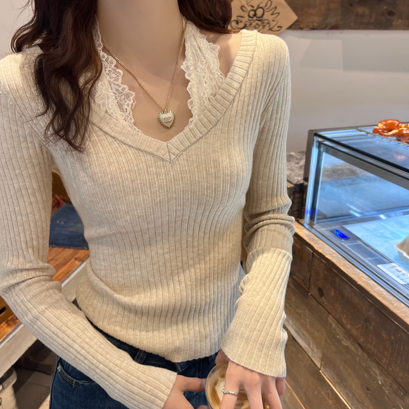 设计感挂脖蕾丝V领针织衫
